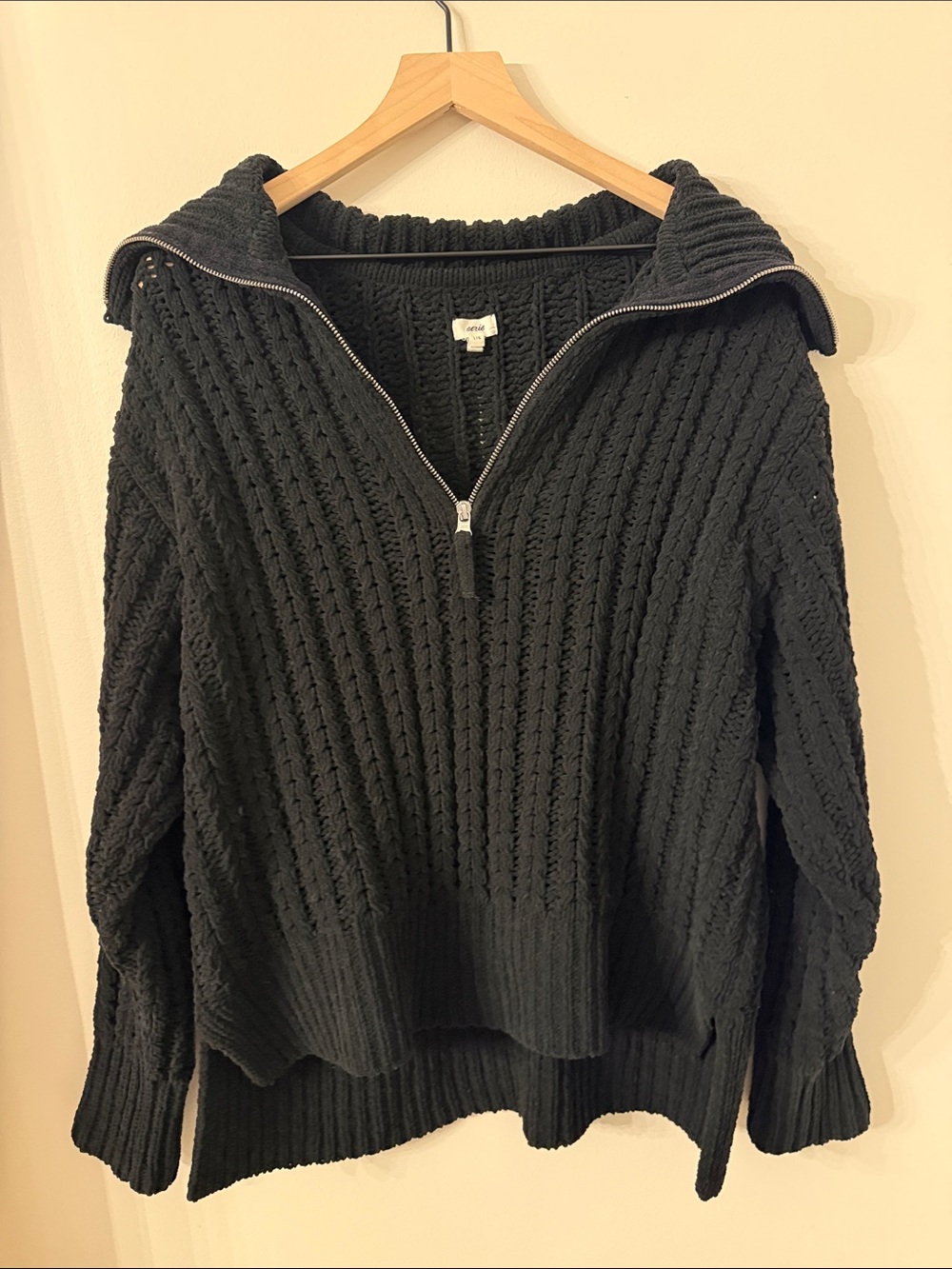 aerie Black Cable-Knit Half-Zip Pullover Sweater